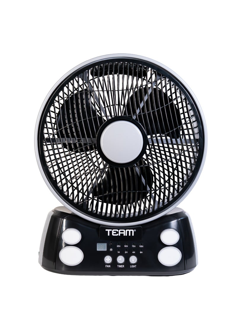 تيم TEAM Rechargeable Emergency Fan – 12" AC/DC Operated, 6-Speed Wind Adjustment, LED Light, USB Mobile Charging, Timer Display, Solar Compatible, Long Battery Life - Image 1